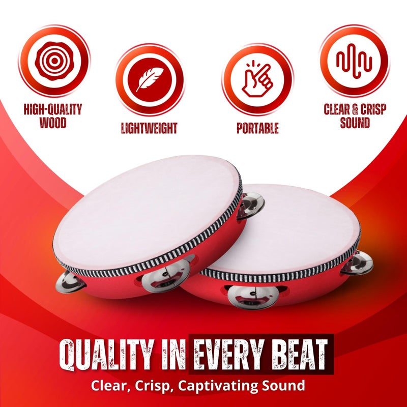 Flexzion Wooden Round Tambourine for Adults 6" Inch Single Row 8 Pair Jingles, Red Handheld Percussion Instrument for Beginner and Professional Tambourine Player - Image 3